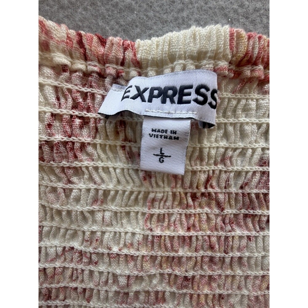 Express Ivory Pink Floral Smocked Square Neck Puff Sleeve Crop Blouse Women's L - Picture 4 of 7